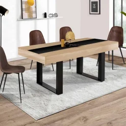 Table à manger extensible 6-10 personnes bois et bande centrale noire