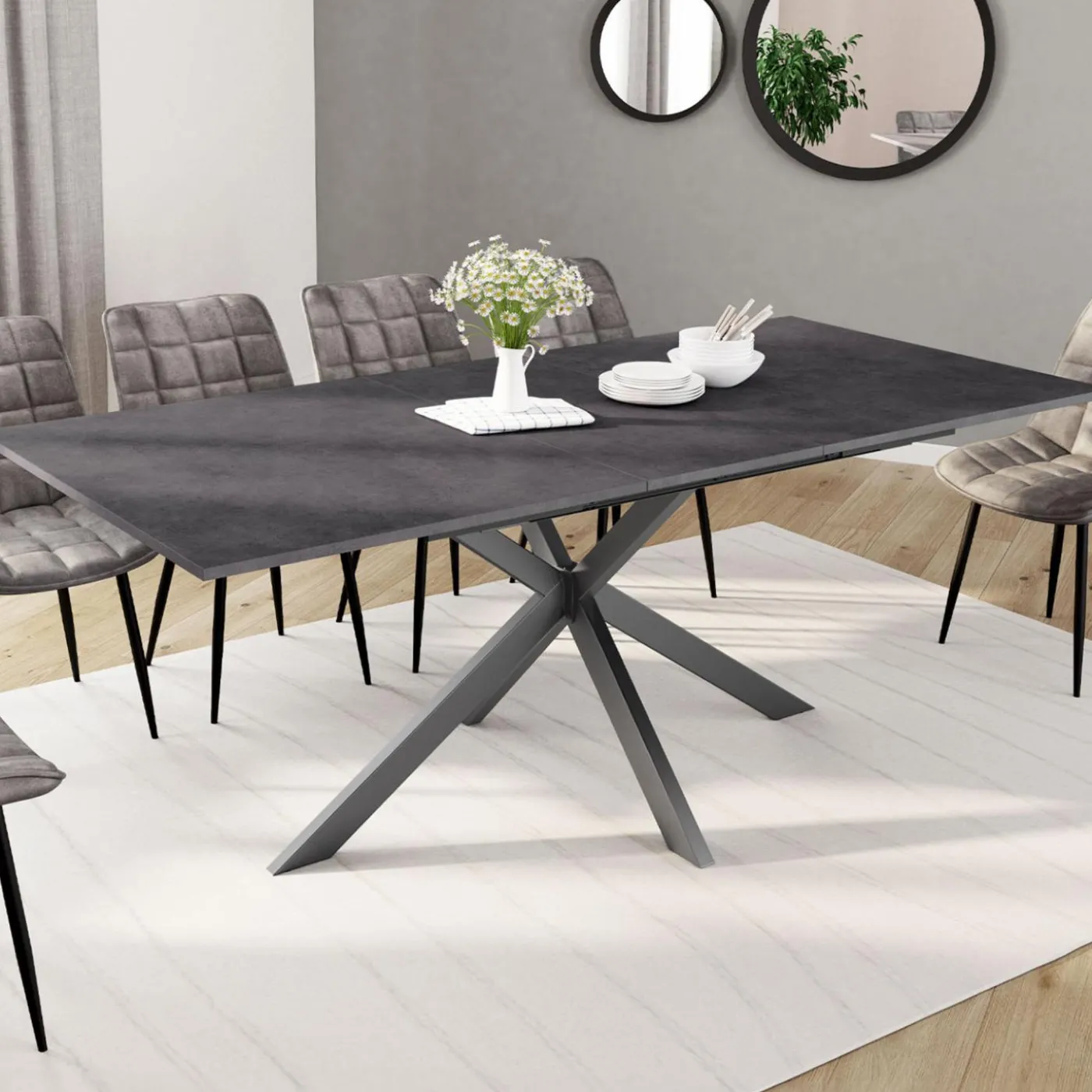 Table à manger extensible 6 à 10 personnes avec plateau effet béton pied araignée