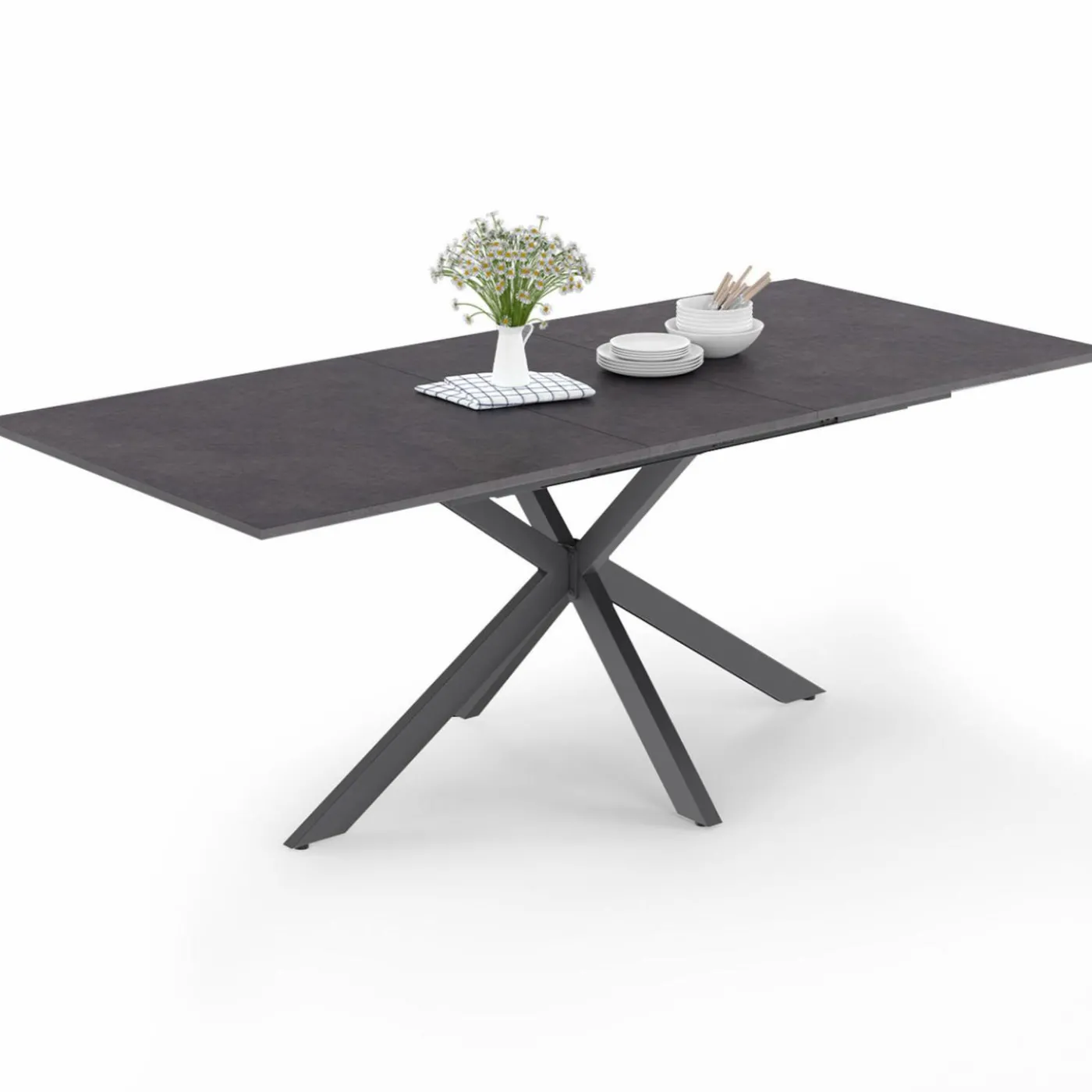 Table à manger extensible 6 à 10 personnes avec plateau effet béton pied araignée