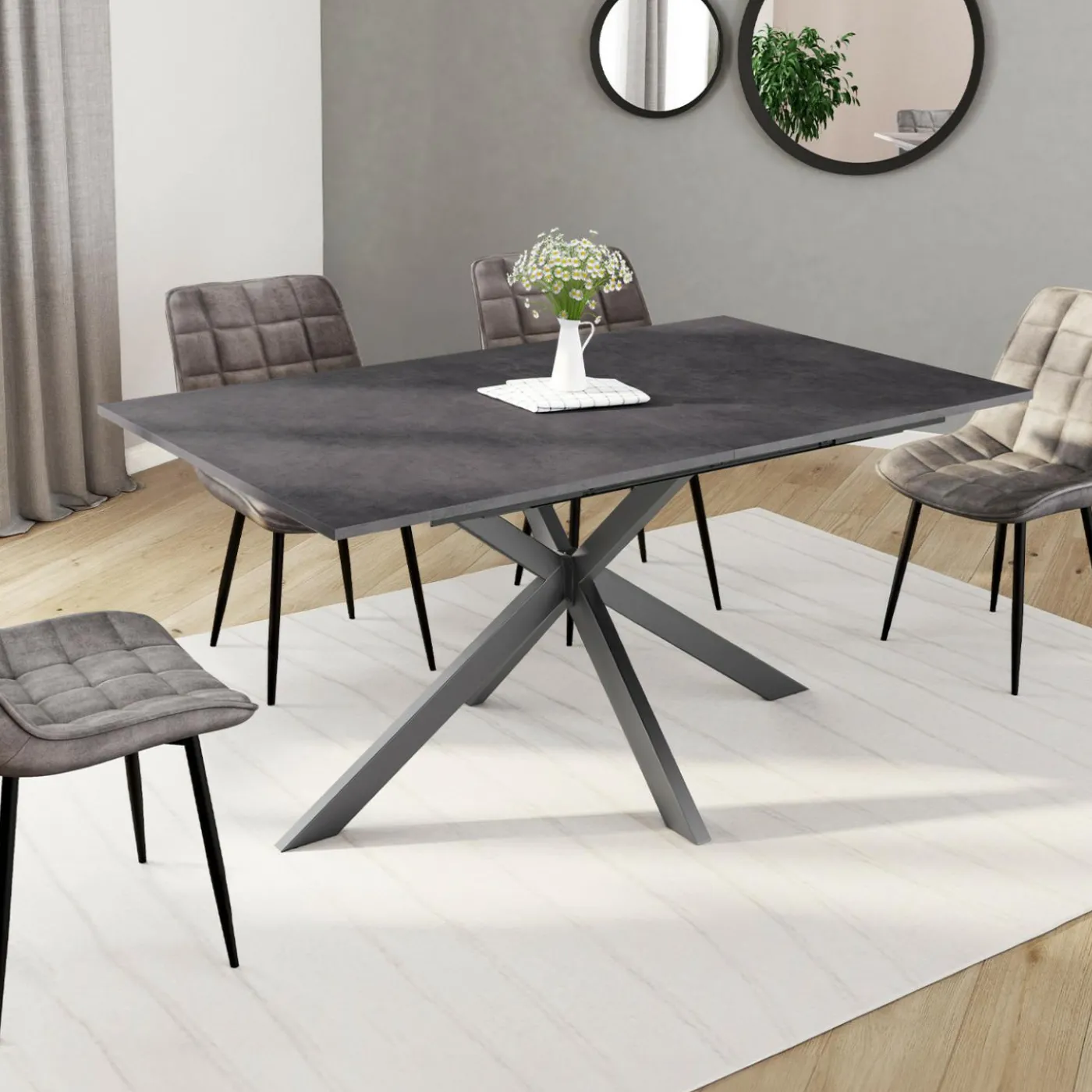 Table à manger extensible 6 à 10 personnes avec plateau effet béton pied araignée