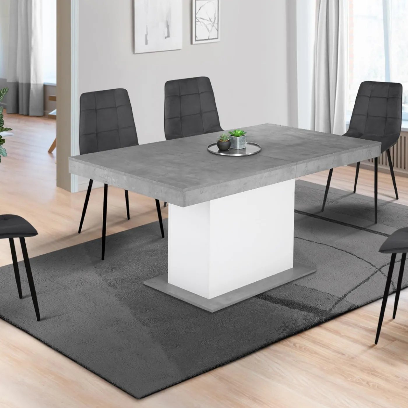 Table à manger extensible béton et blanc 6-10 personnes 160-200 cm