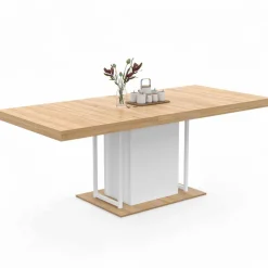 Table à manger extensible rectangulaire bois façon hêtre et blanc