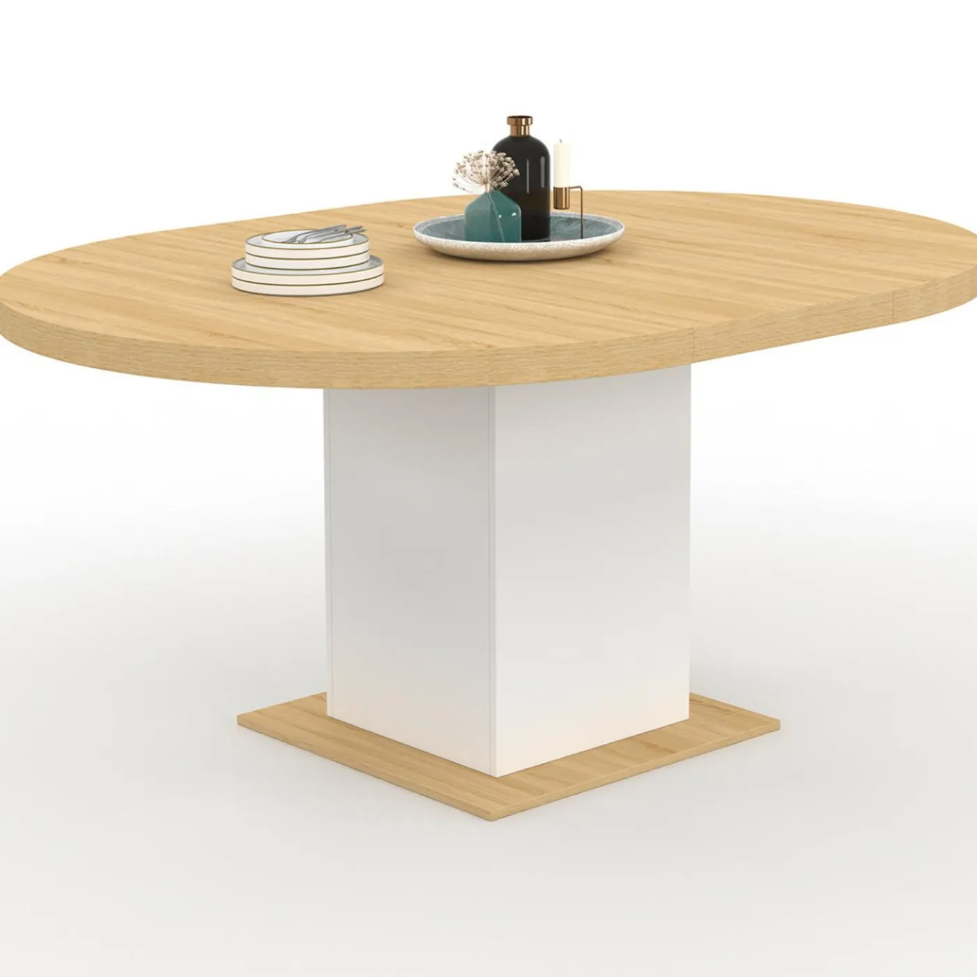 Table à manger extensible ronde 4-8 personnes bois et blanc 120-160 cm