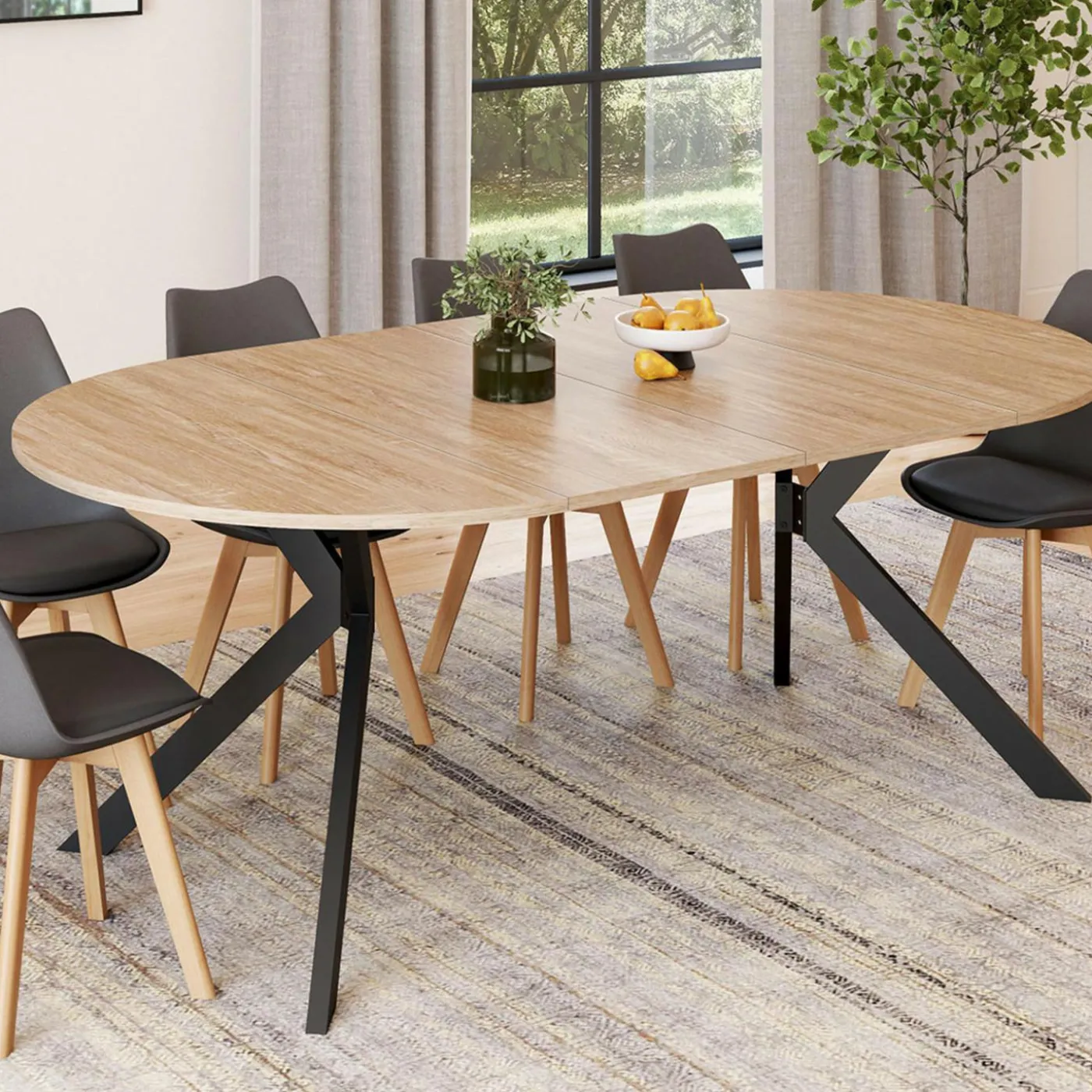 Table à manger extensible ronde 110-200 cm 4-10 personnes bois et pied araignée noir