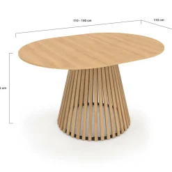Table à manger extensible ronde 4-8 personnes pied bois en lattes et plateau bois 110 - 150cm