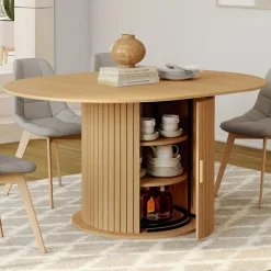 Table à manger extensible ronde 4-8 personnes pied lattes avec rangement 110-150 cm