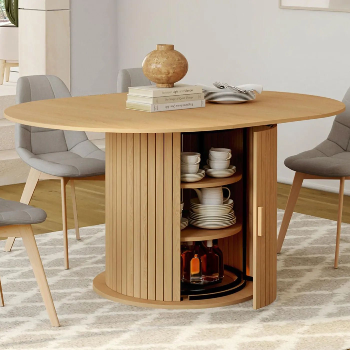 Table à manger extensible ronde 4-8 personnes pied lattes avec rangement 110-150 cm