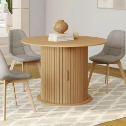 Table à manger extensible ronde 4-8 personnes pied lattes avec rangement 110-150 cm