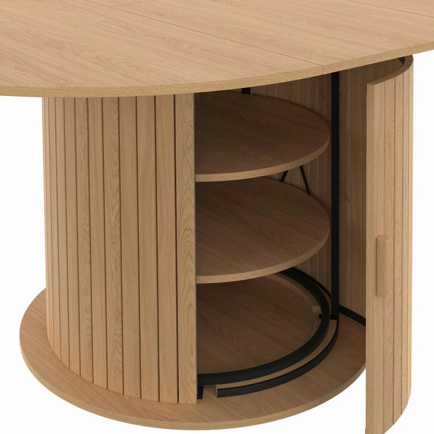 Table à manger extensible ronde 4-8 personnes pied lattes avec rangement 110-150 cm