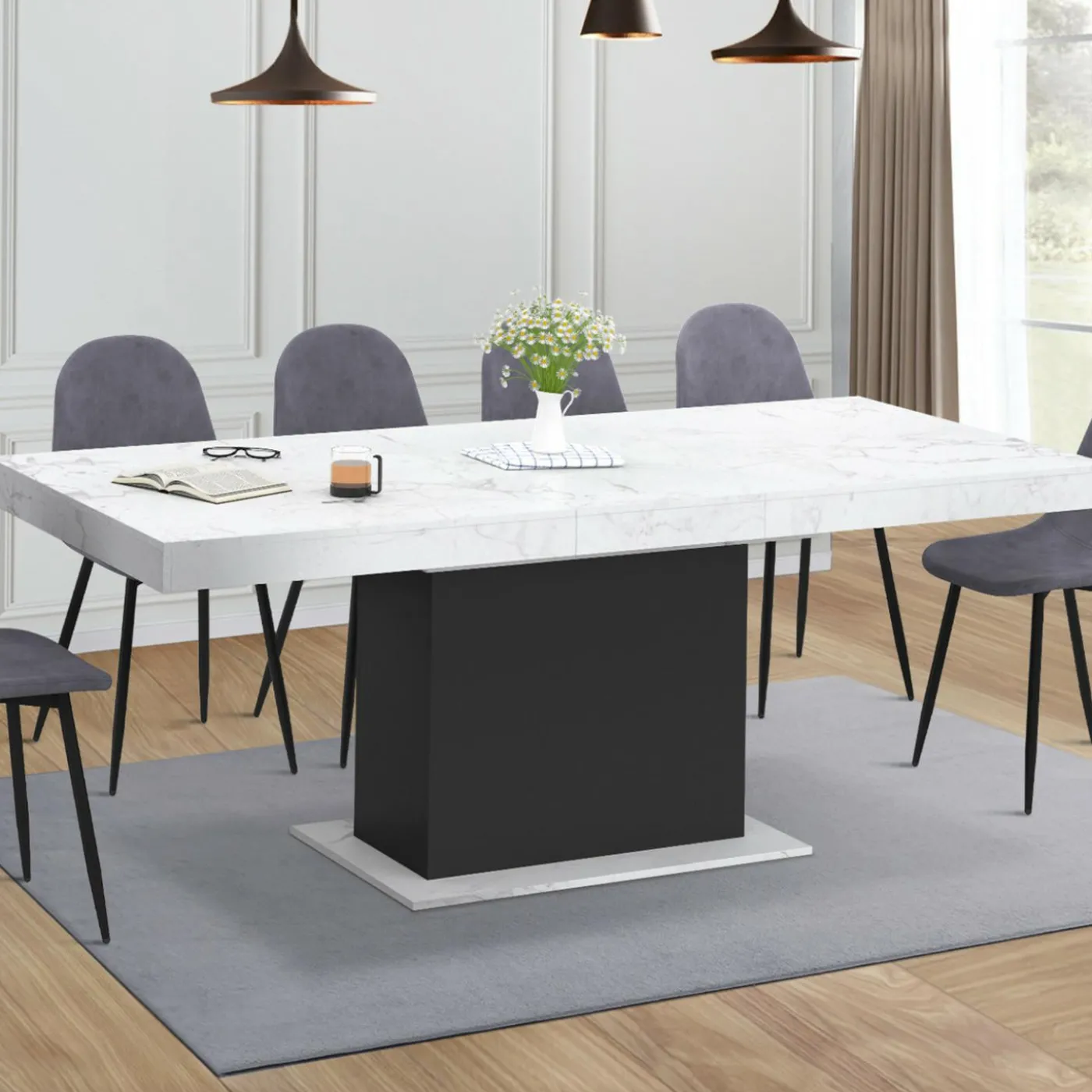 Table à manger extensible 160-200 cm 6-10 personnes plateau effet marbre blanc pied noir