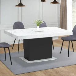 Table à manger extensible 160-200 cm 6-10 personnes plateau effet marbre blanc pied noir