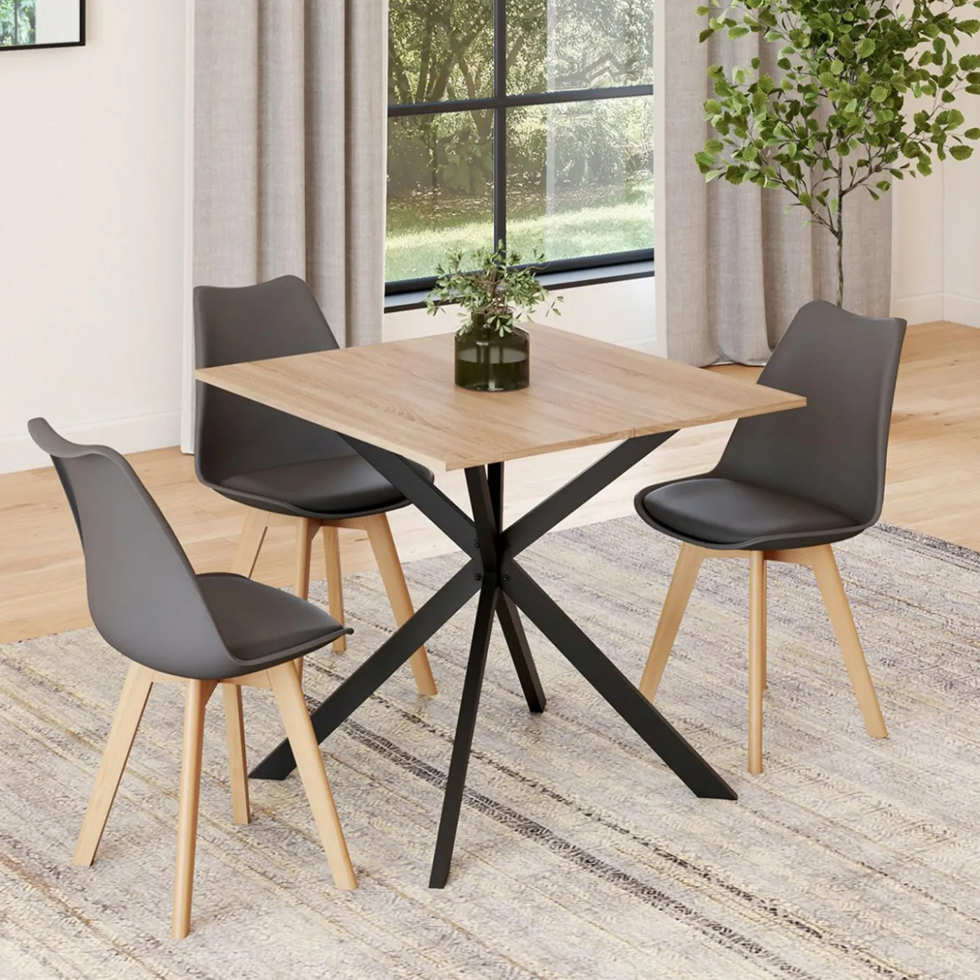 Table à manger extensible carrée 80-120 cm 4-6 personnes pied araignée bois et noir