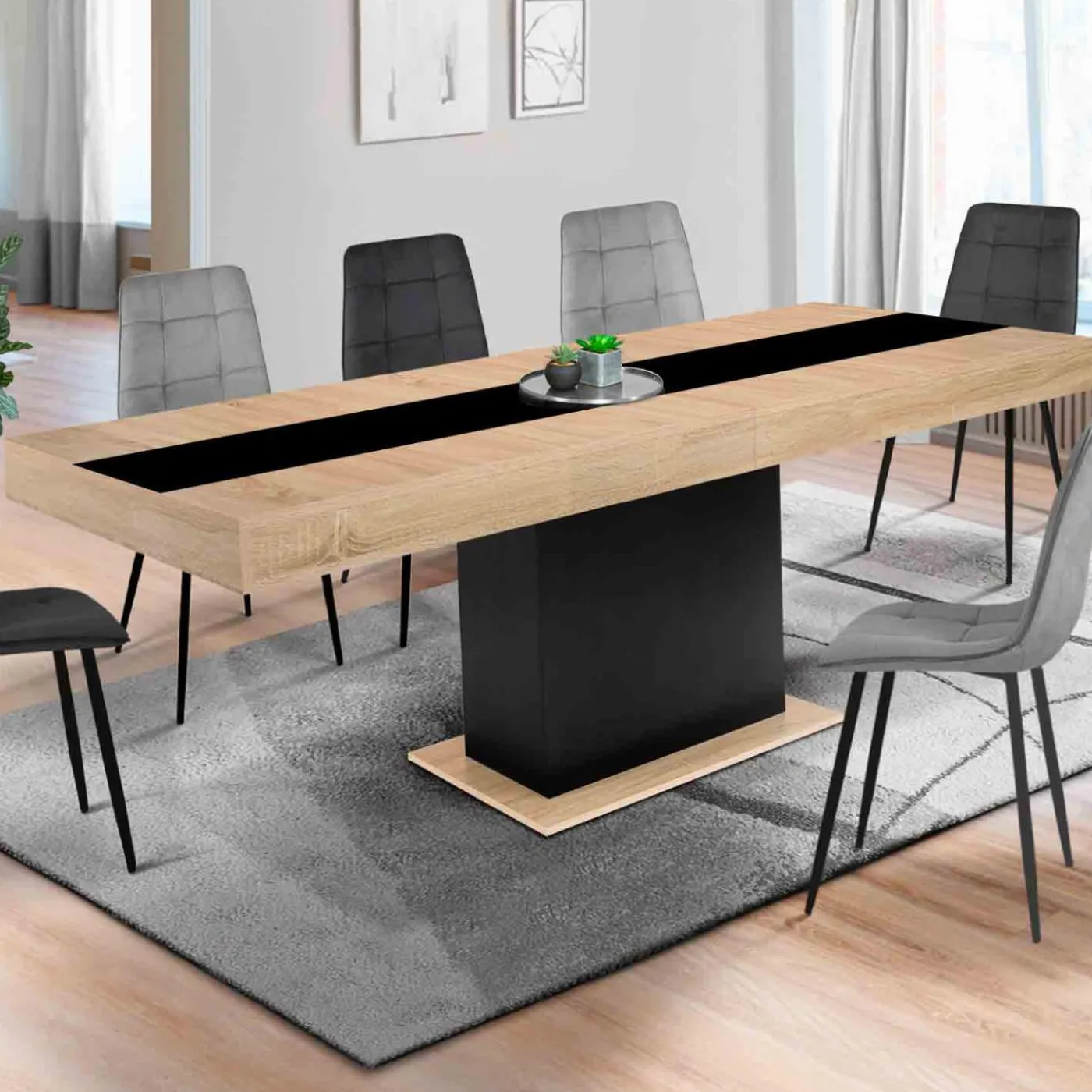 Table à manger extensible bois et bande centrale noire 6-10 personnes