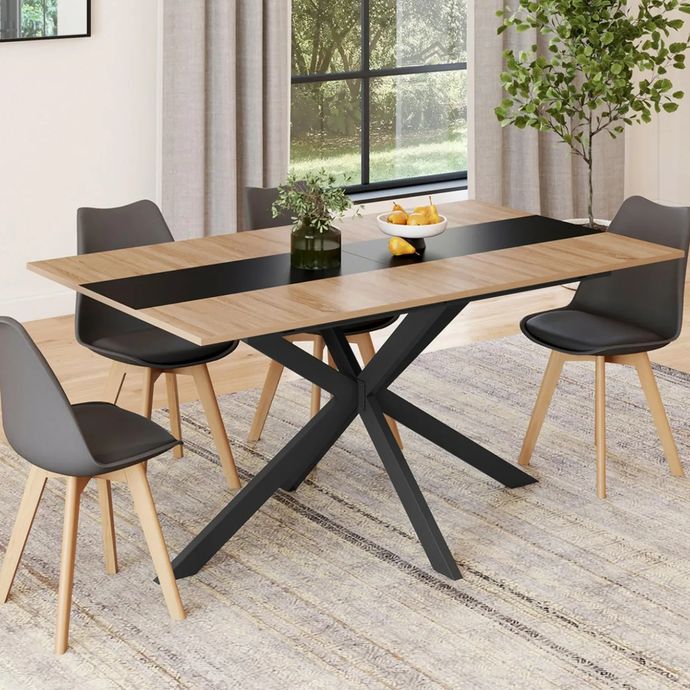Table à manger extensible rectangle bois et bande centrale noir 160 - 200 cm