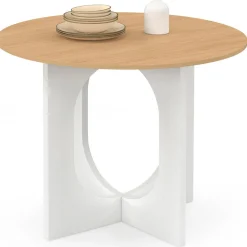 Table à manger fixe ronde 4 personnes pied arc blanc et bois 80 cm