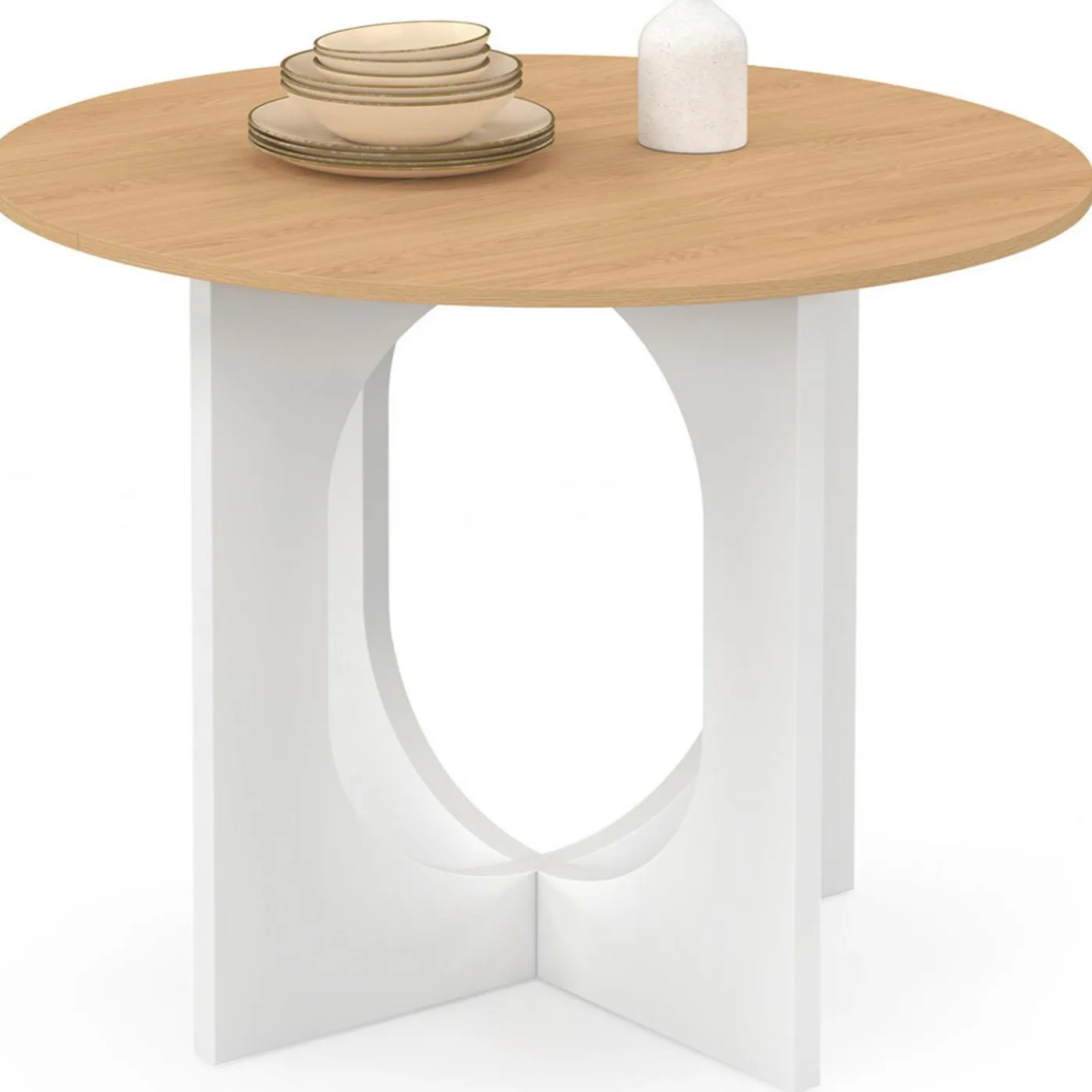 Table à manger fixe ronde 4 personnes pied arc blanc et bois 80 cm