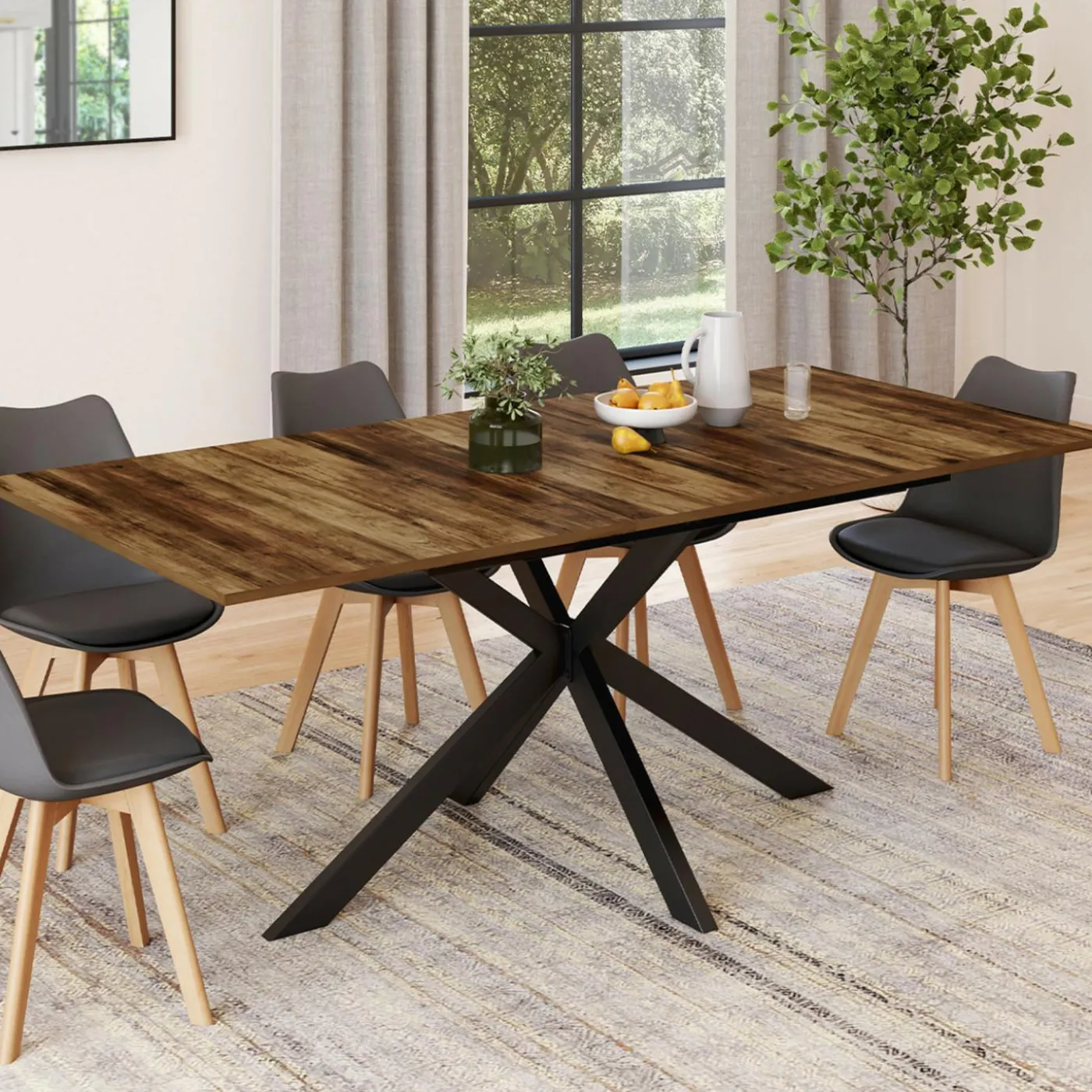 Table à manger industrielle extensible 6-10 personnes bois foncé 160-200 cm