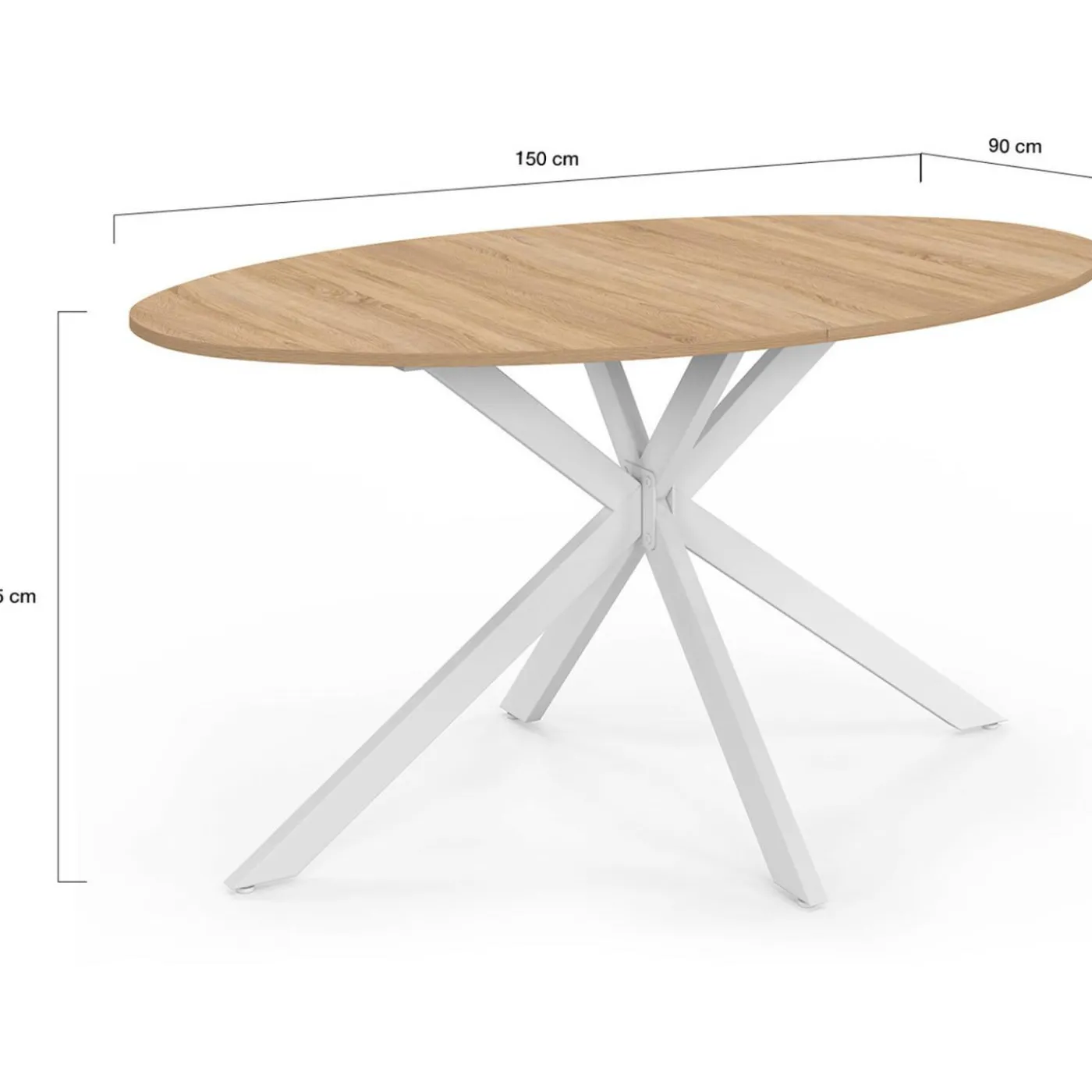 Table à manger ovale 150 cm 8 personnes plateau bois et pied araignée métal blanc