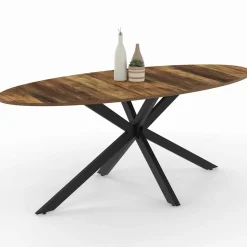 Table à manger ovale 10 personnes 200 cm pied araignée noir et plateau bois foncé