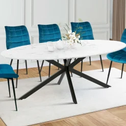 Table à manger ovale métal noir et plateau effet marbre blanc