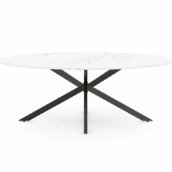 Table à manger ovale métal noir et plateau effet marbre blanc