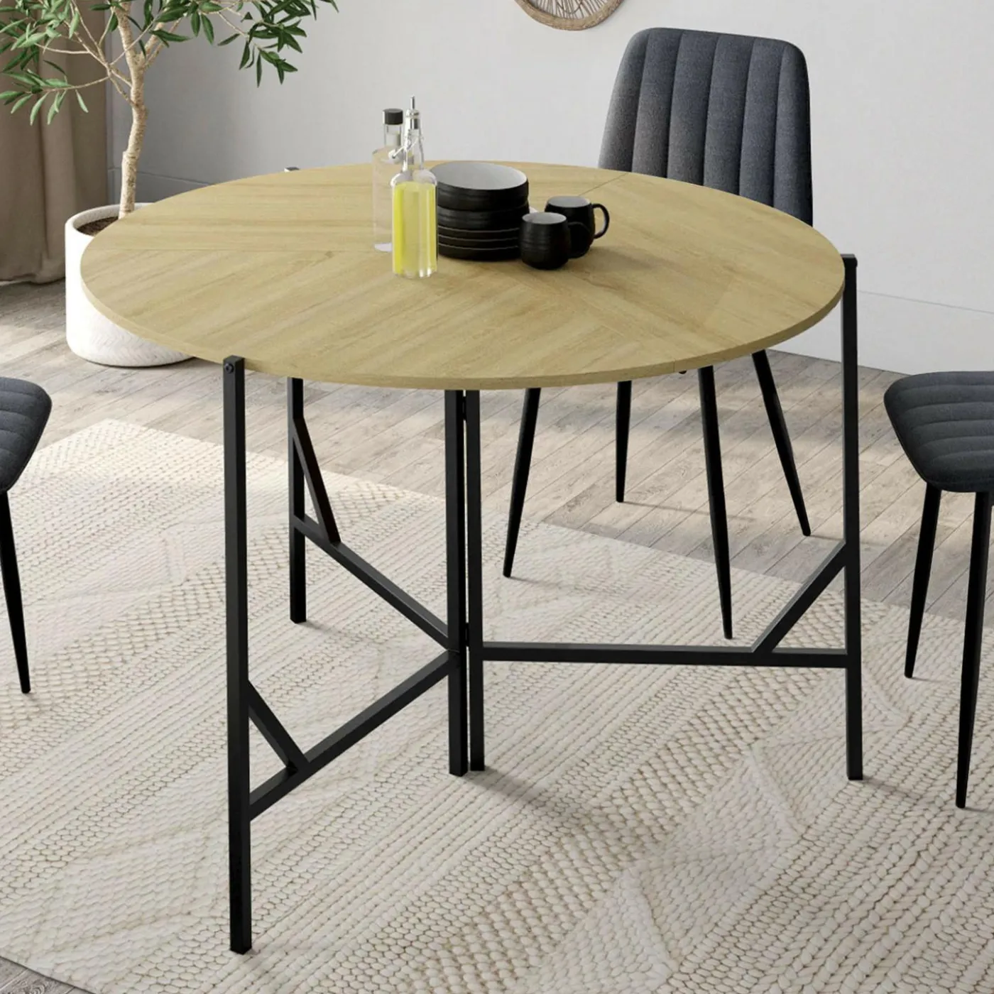 Table à manger pliante ronde 4 personnes 110 cm bois et noir style industriel
