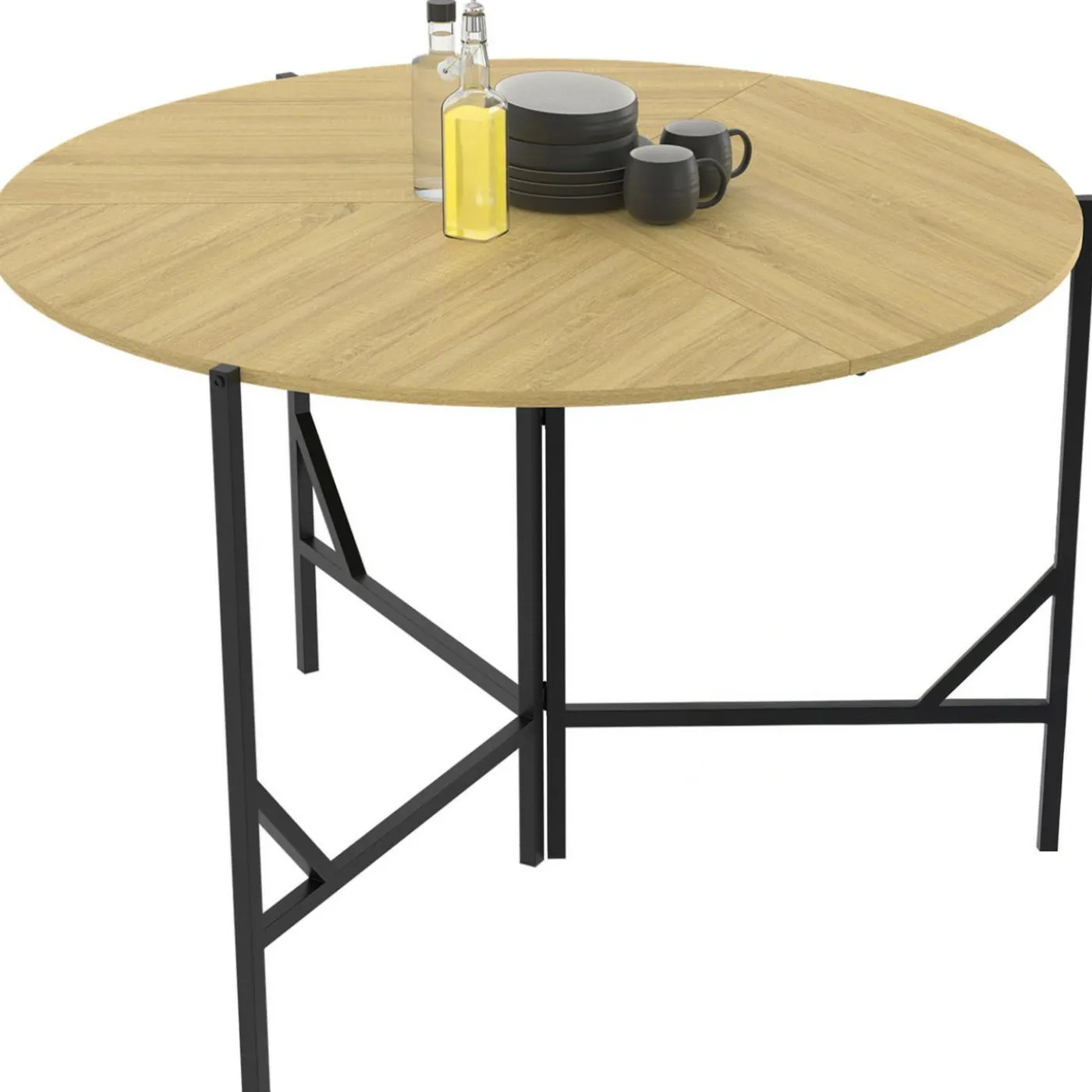 Table à manger pliante ronde 4 personnes 110 cm bois et noir style industriel