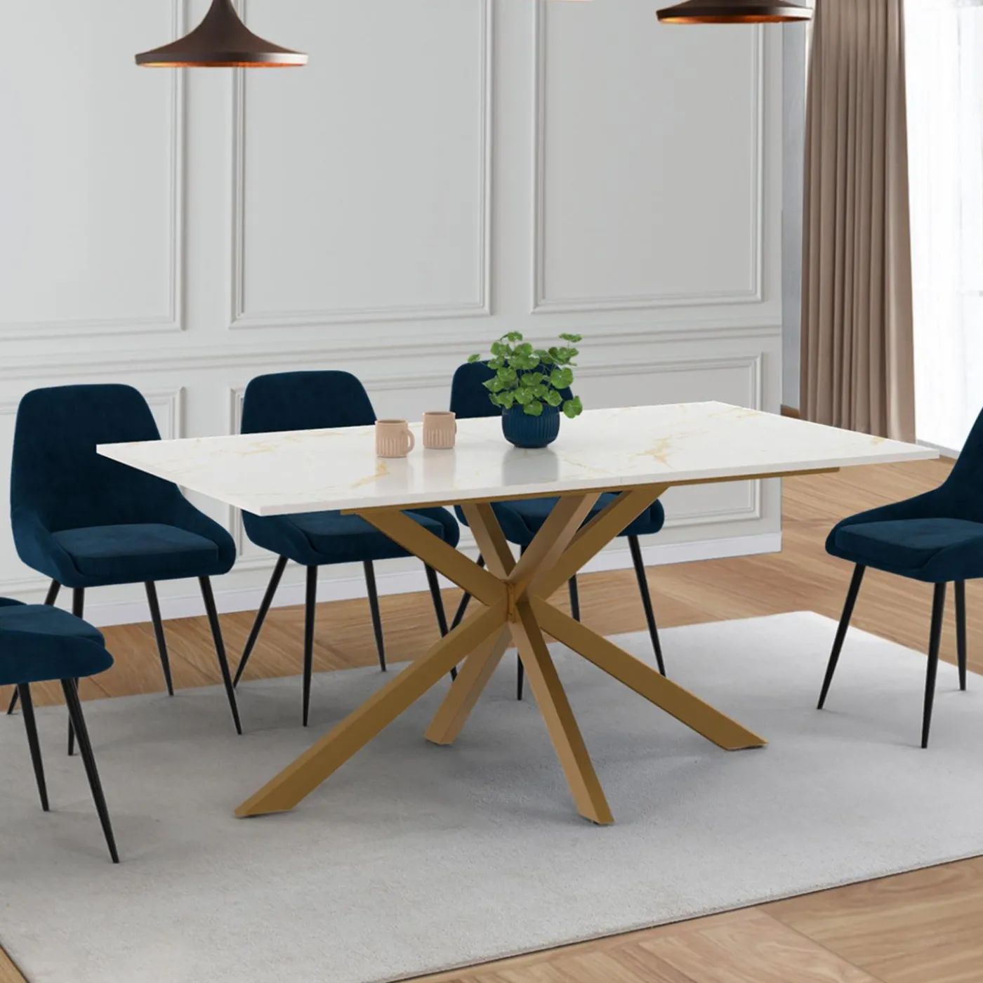 Table à manger rectangle 8 personnes 160 cm pied araignée laiton et plateau effet marbre blanc