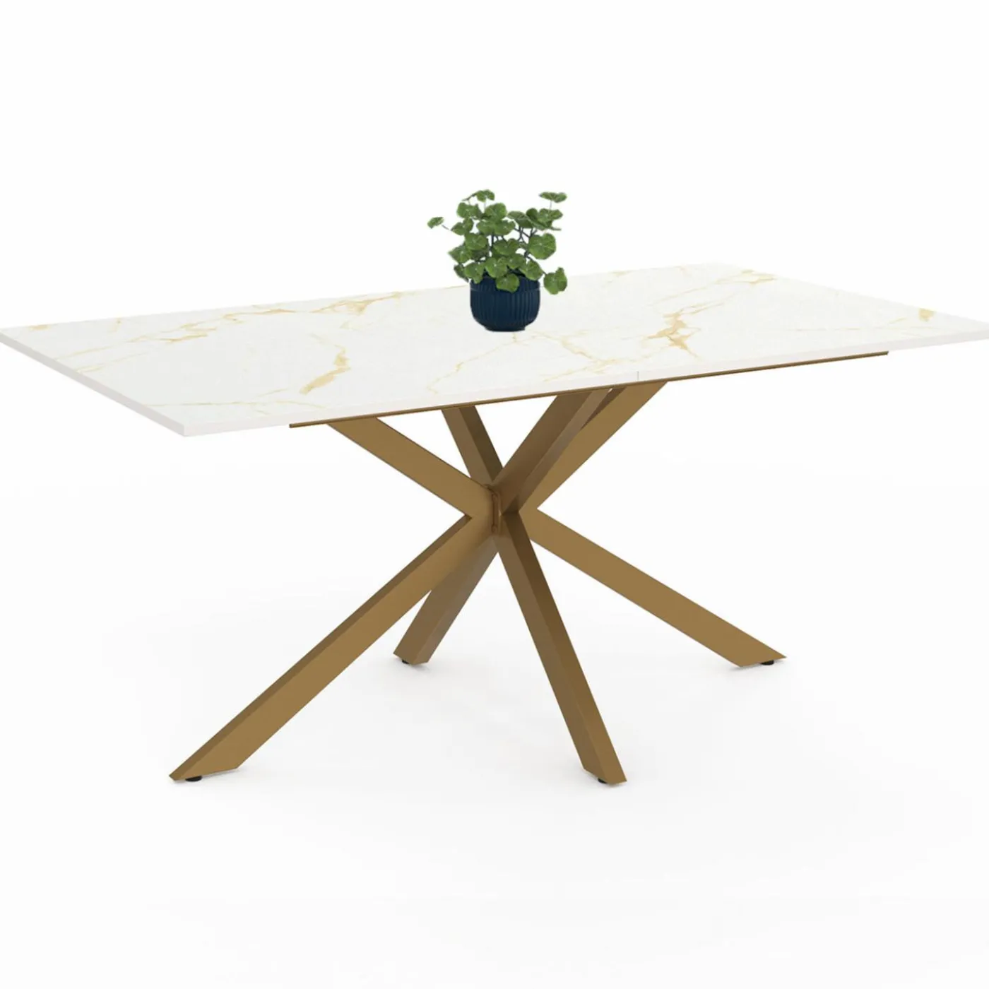 Table à manger rectangle 8 personnes 160 cm pied araignée laiton et plateau effet marbre blanc