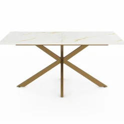 Table à manger rectangle 8 personnes 160 cm pied araignée laiton et plateau effet marbre blanc