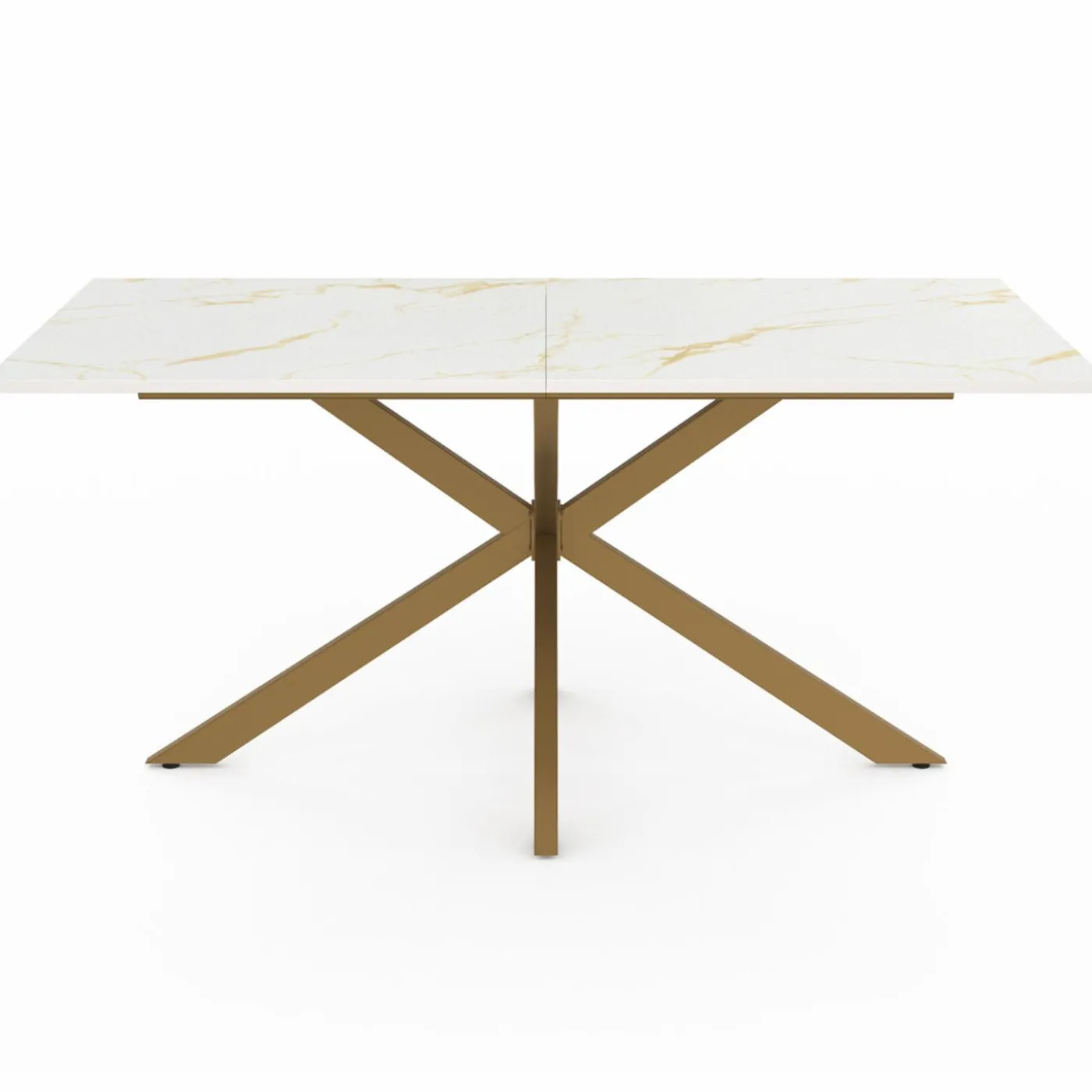 Table à manger rectangle 8 personnes 160 cm pied araignée laiton et plateau effet marbre blanc