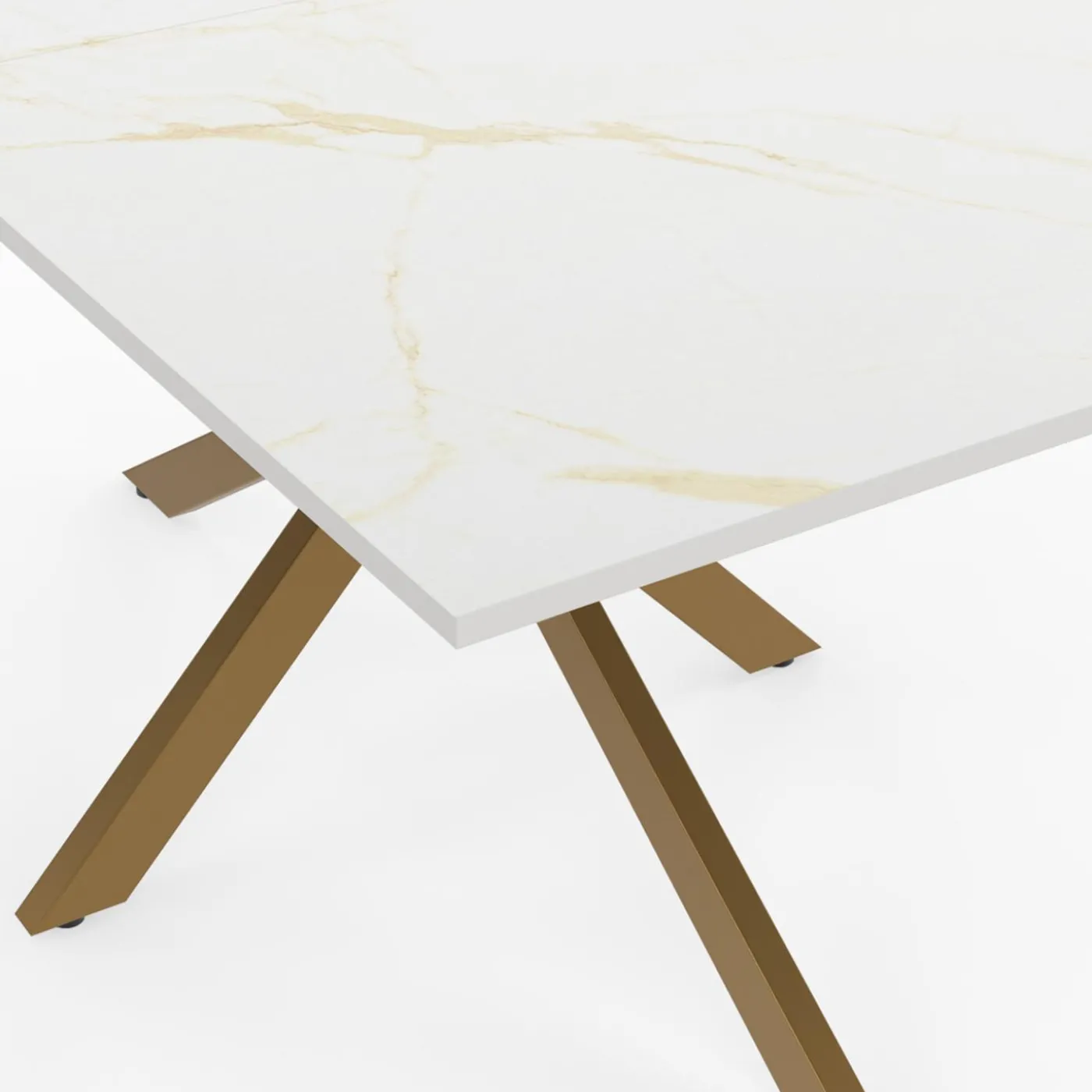 Table à manger rectangle 8 personnes 160 cm pied araignée laiton et plateau effet marbre blanc
