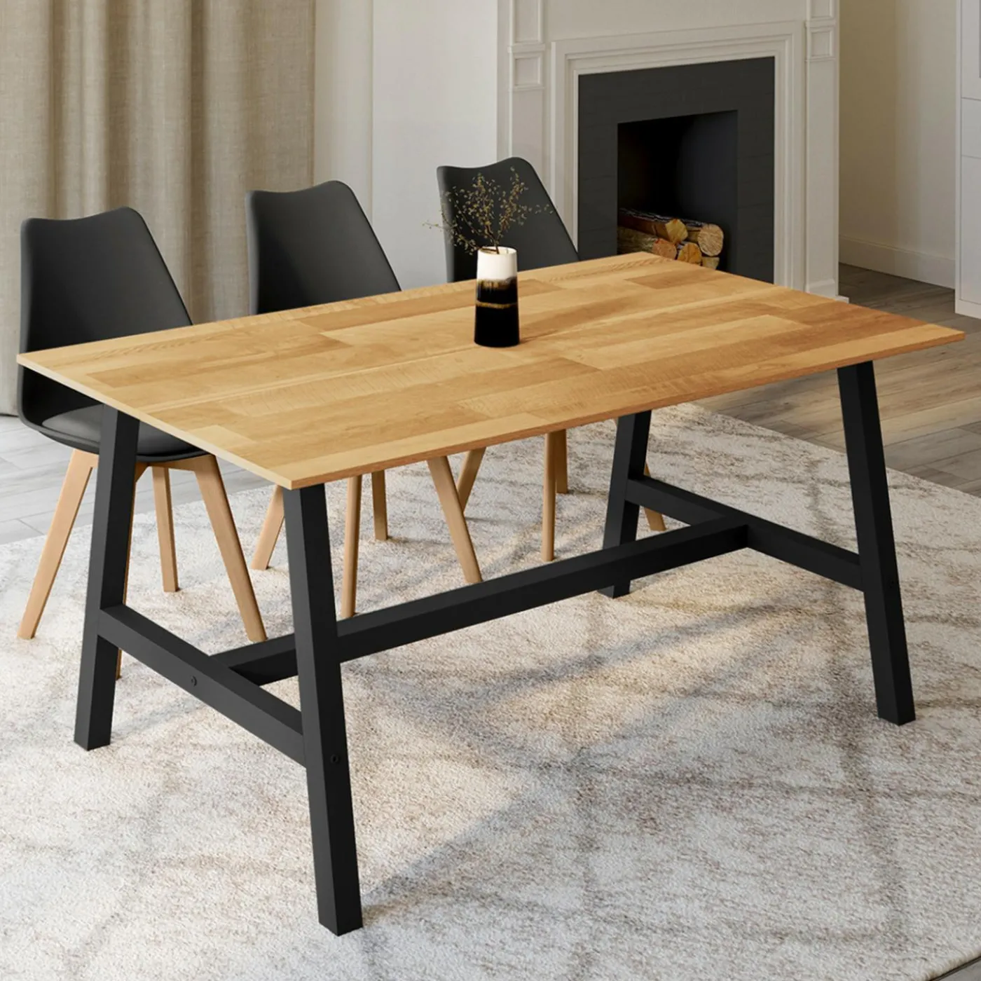 Table à manger rectangle 6 personnes bois et métal 160 cm