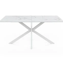 Table à manger rectangle 160 cm 8 personnes pied araignée blanc plateau effet marbre blanc