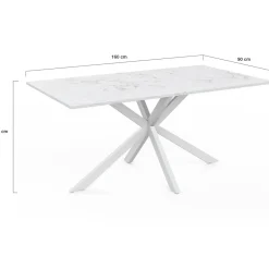 Table à manger rectangle 160 cm 8 personnes pied araignée blanc plateau effet marbre blanc