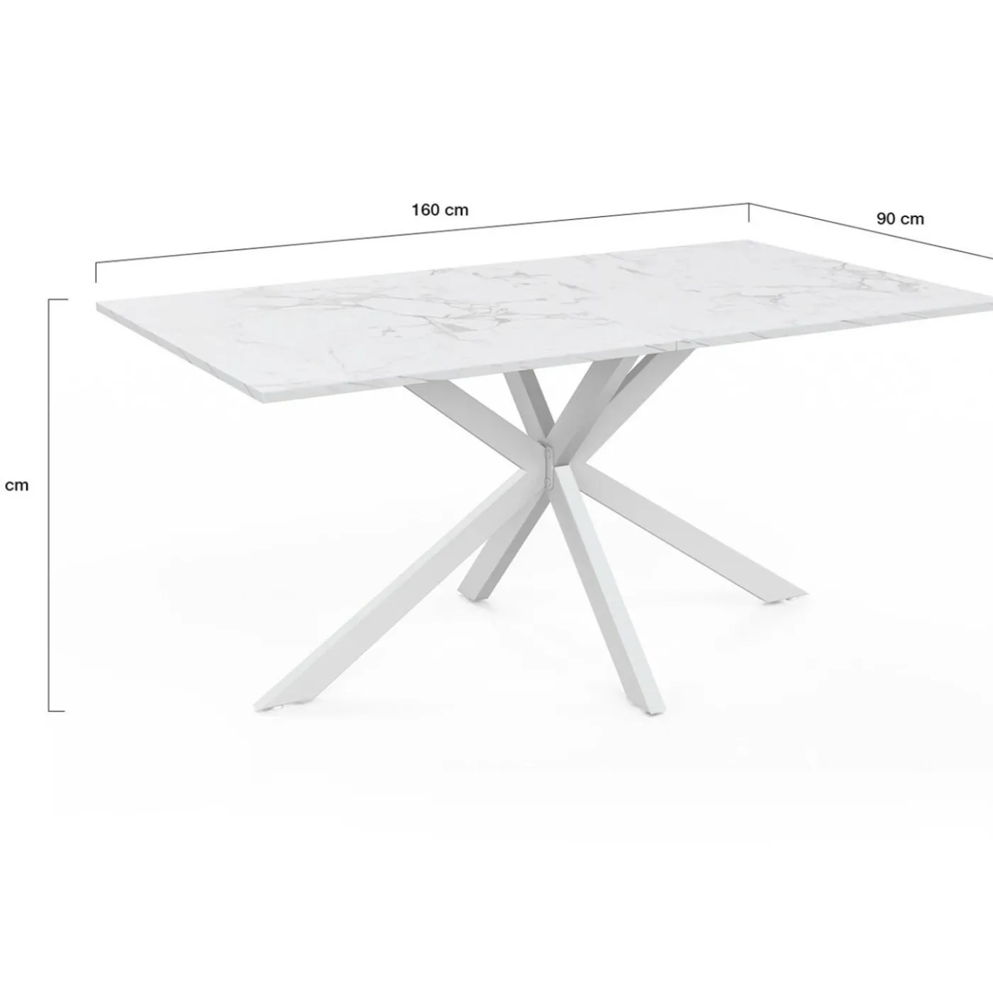 Table à manger rectangle 160 cm 8 personnes pied araignée blanc plateau effet marbre blanc