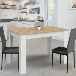Table à manger rectangle blanche plateau façon hêtre 4 personnes