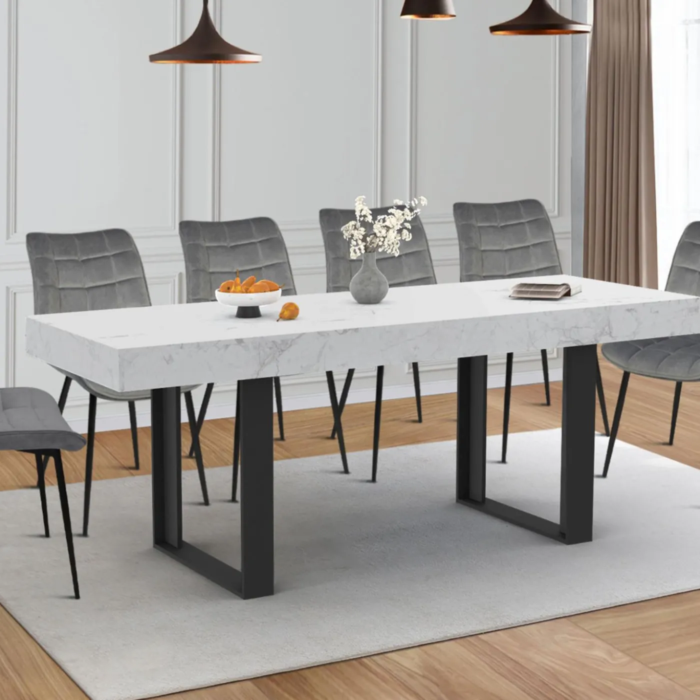 Table à manger rectangulaire extensible effet marbre et noir
