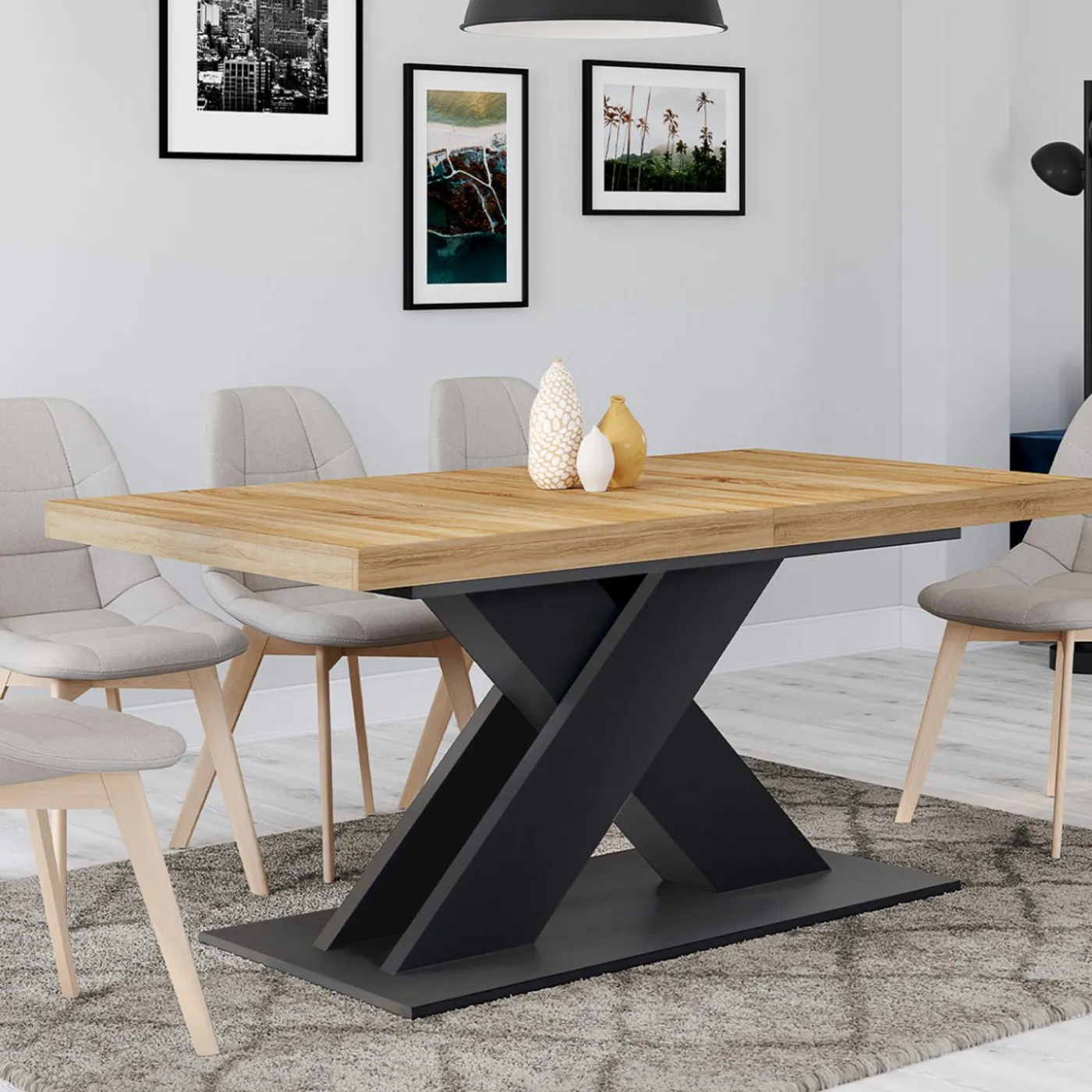 Table à manger rectangulaire extensible bois et noir 6-10 personnes