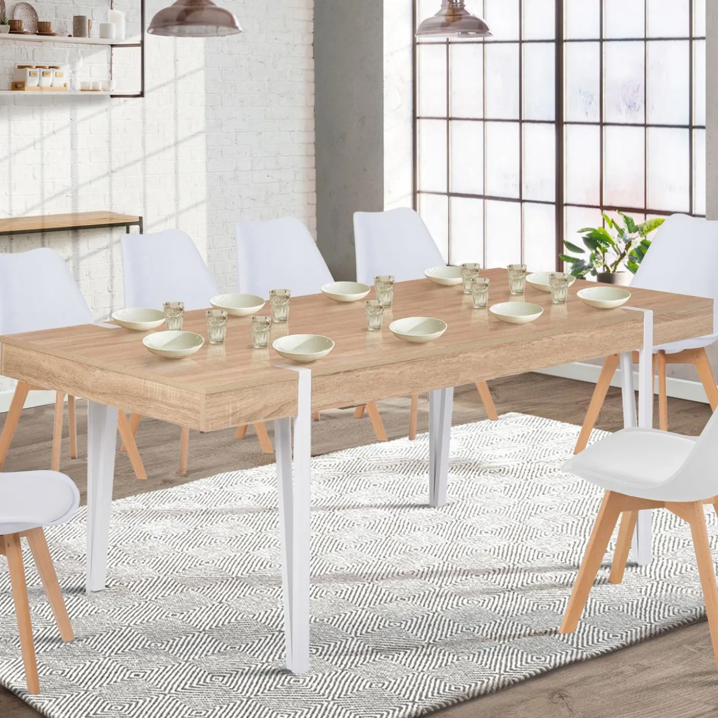 Table à manger rectangulaire 10 personnes 200 cm bois et pieds épingle blanc