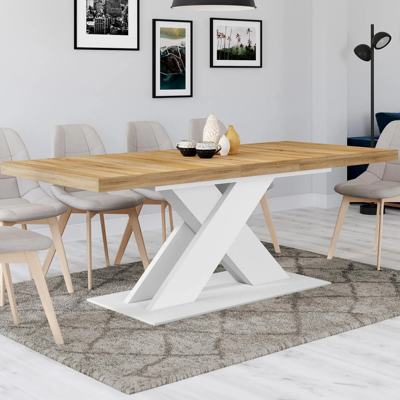 Table à manger rectangulaire extensible bois et blanc 6 à 10 personnes