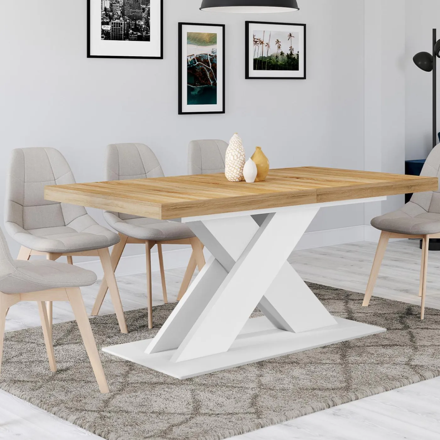 Table à manger rectangulaire extensible bois et blanc 6 à 10 personnes