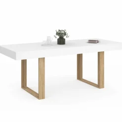 Table à manger rectangulaire extensible blanche et bois 160-200 cm