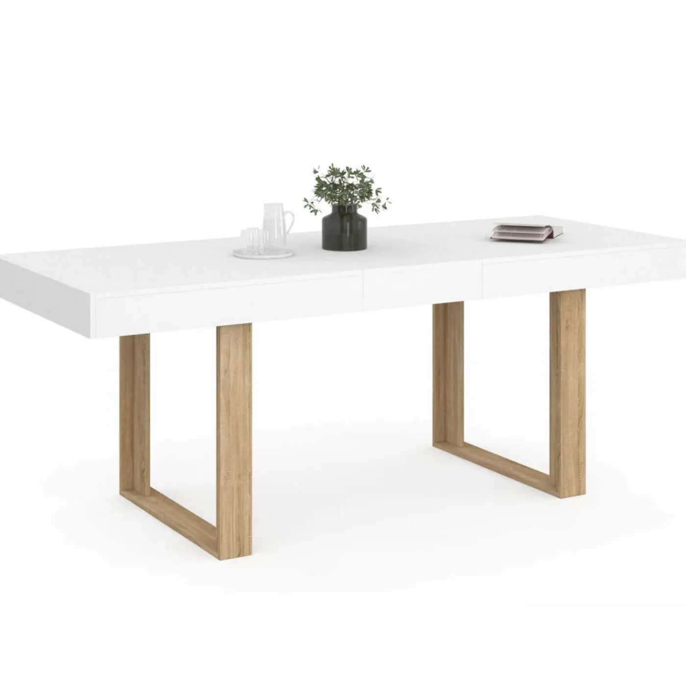 Table à manger rectangulaire extensible blanche et bois 160-200 cm