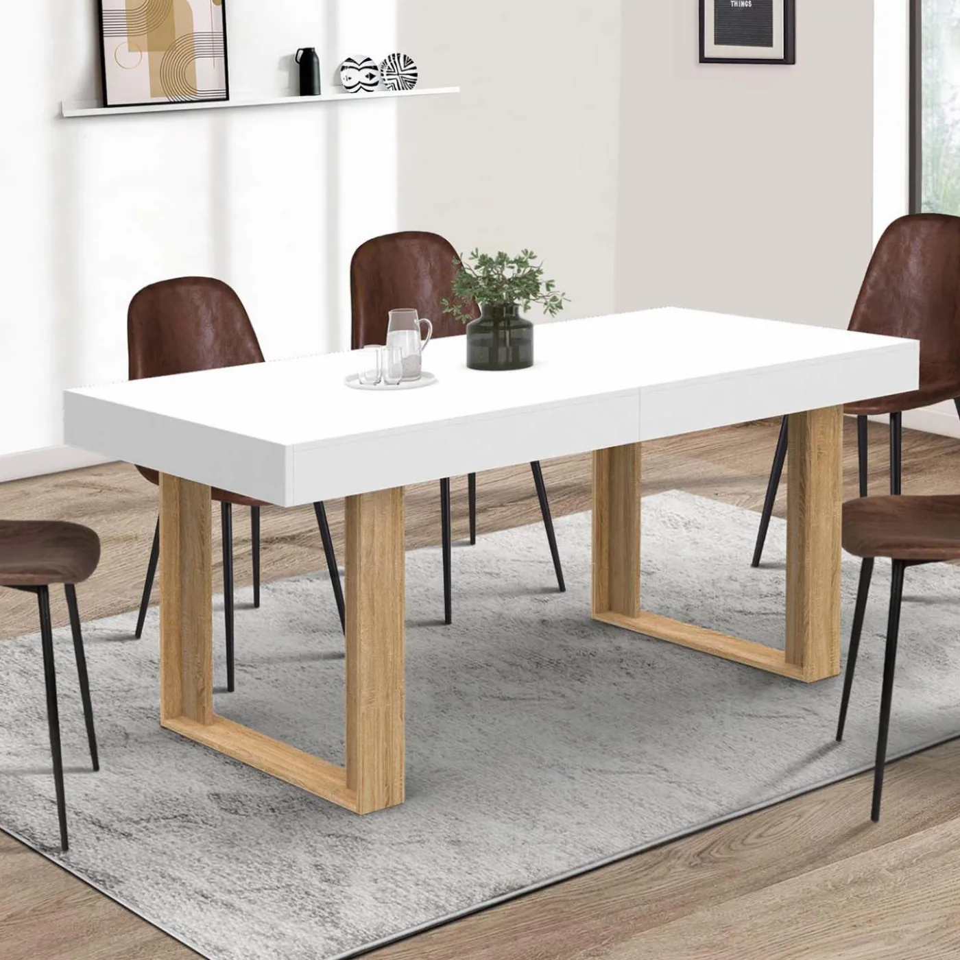 Table à manger rectangulaire extensible blanche et bois 160-200 cm