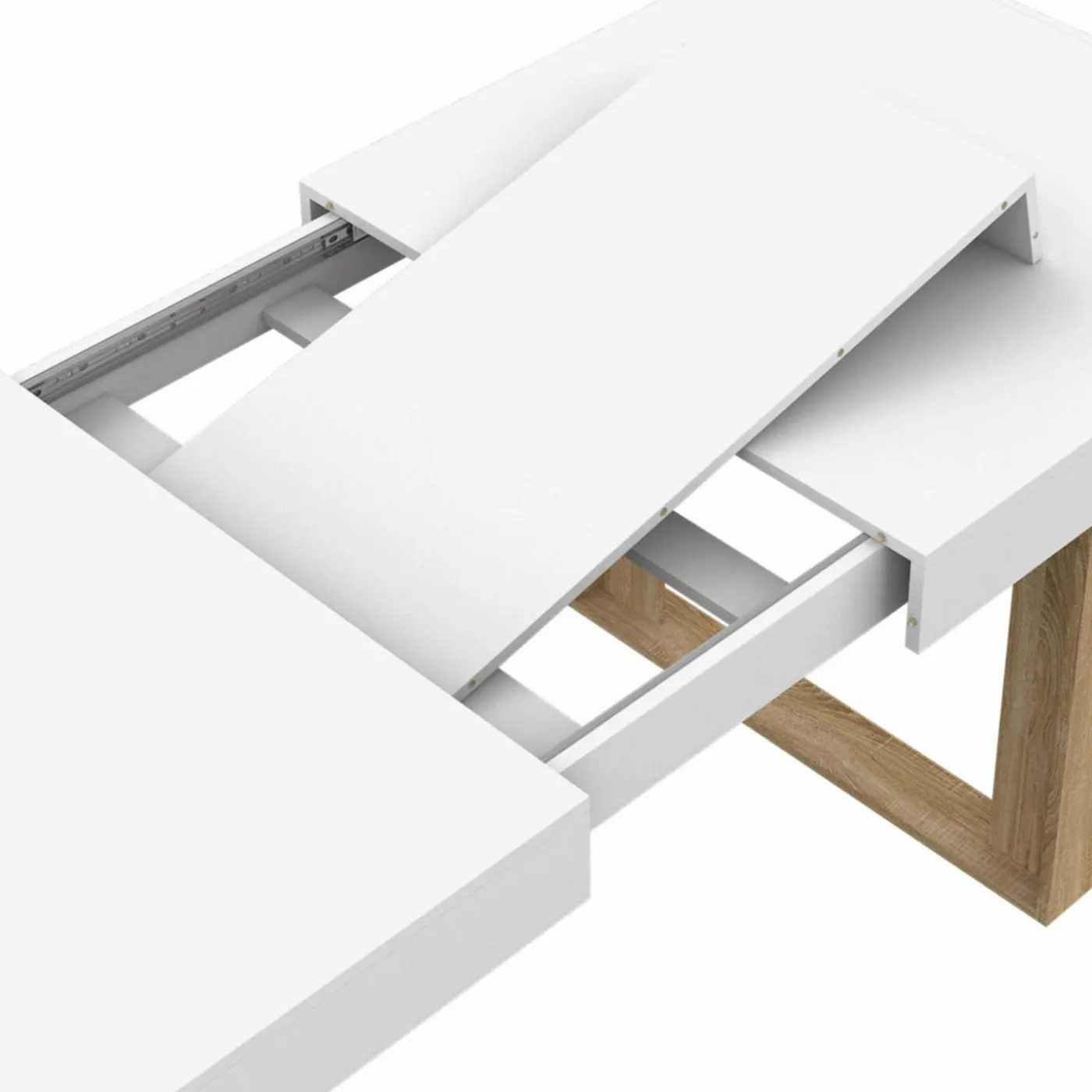 Table à manger rectangulaire extensible blanche et bois 160-200 cm