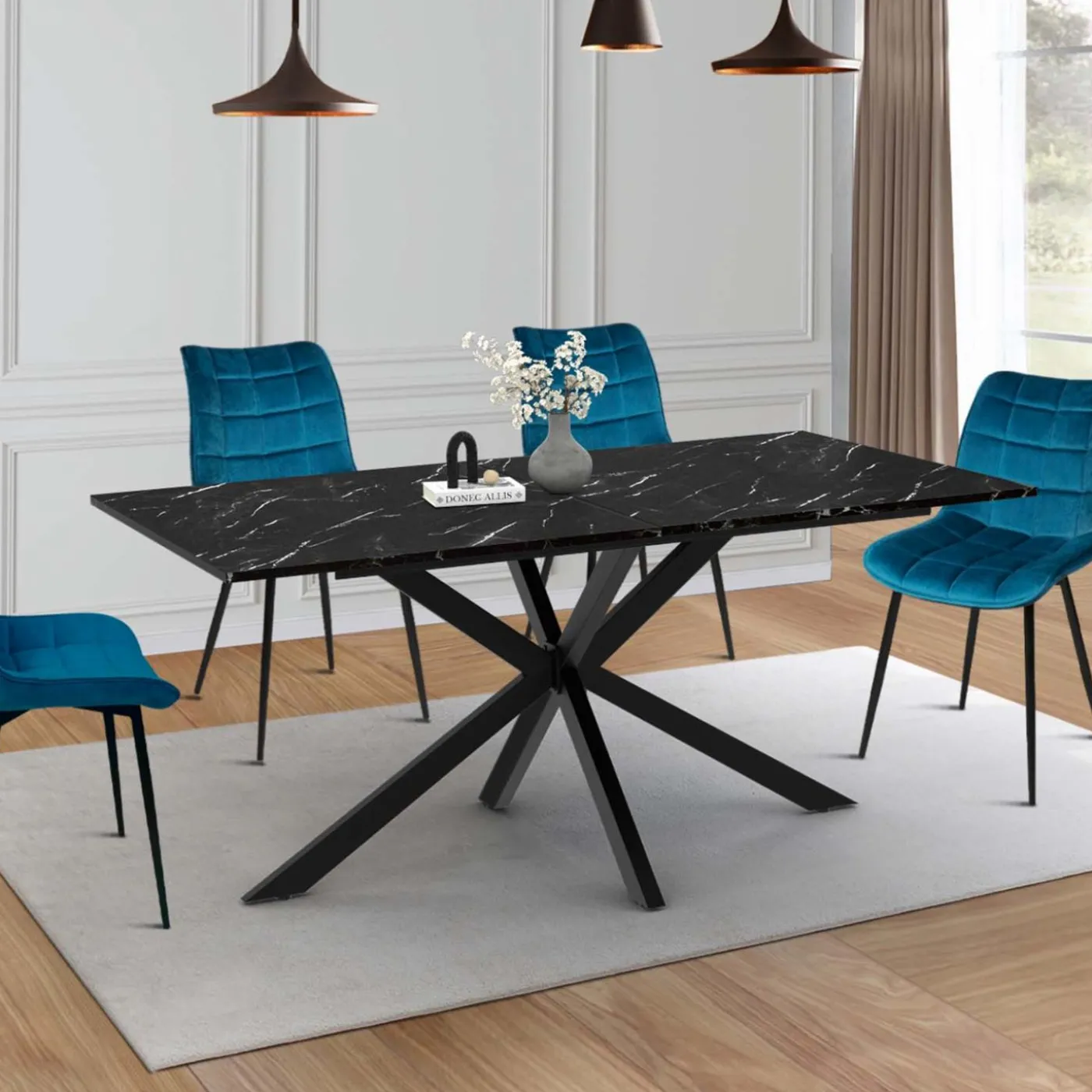 Table à manger rectangulaire extensible métal et effet marbre noir 160-200 cm