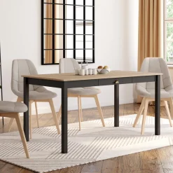 Table à manger rectangulaire bois et noir avec tiroir