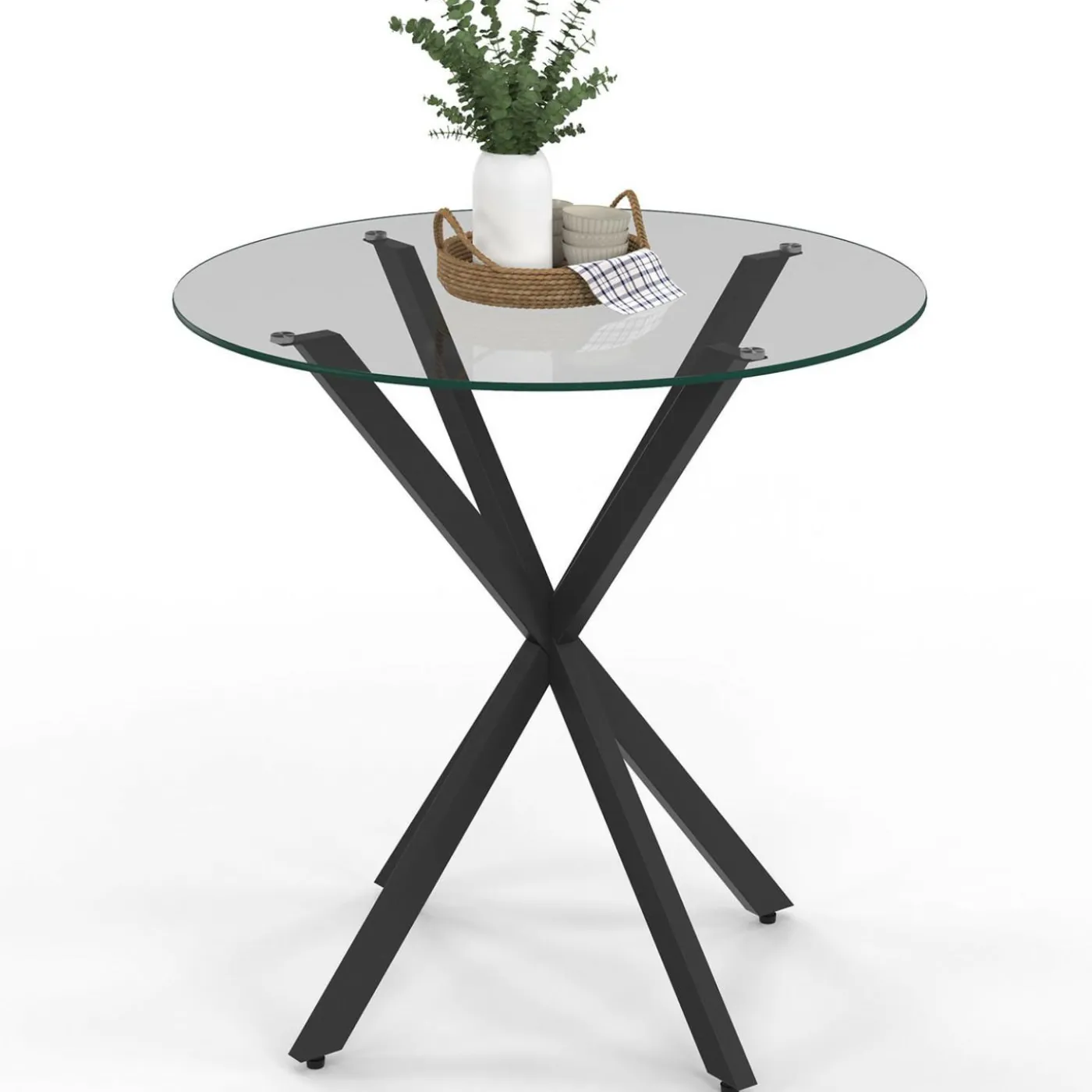 Table à manger ronde 80 cm 4 personnes pied araignée noir et plateau verre