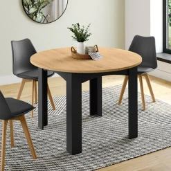 Table à manger ronde 110 cm 4-6 personnes noire plateau façon hêtre